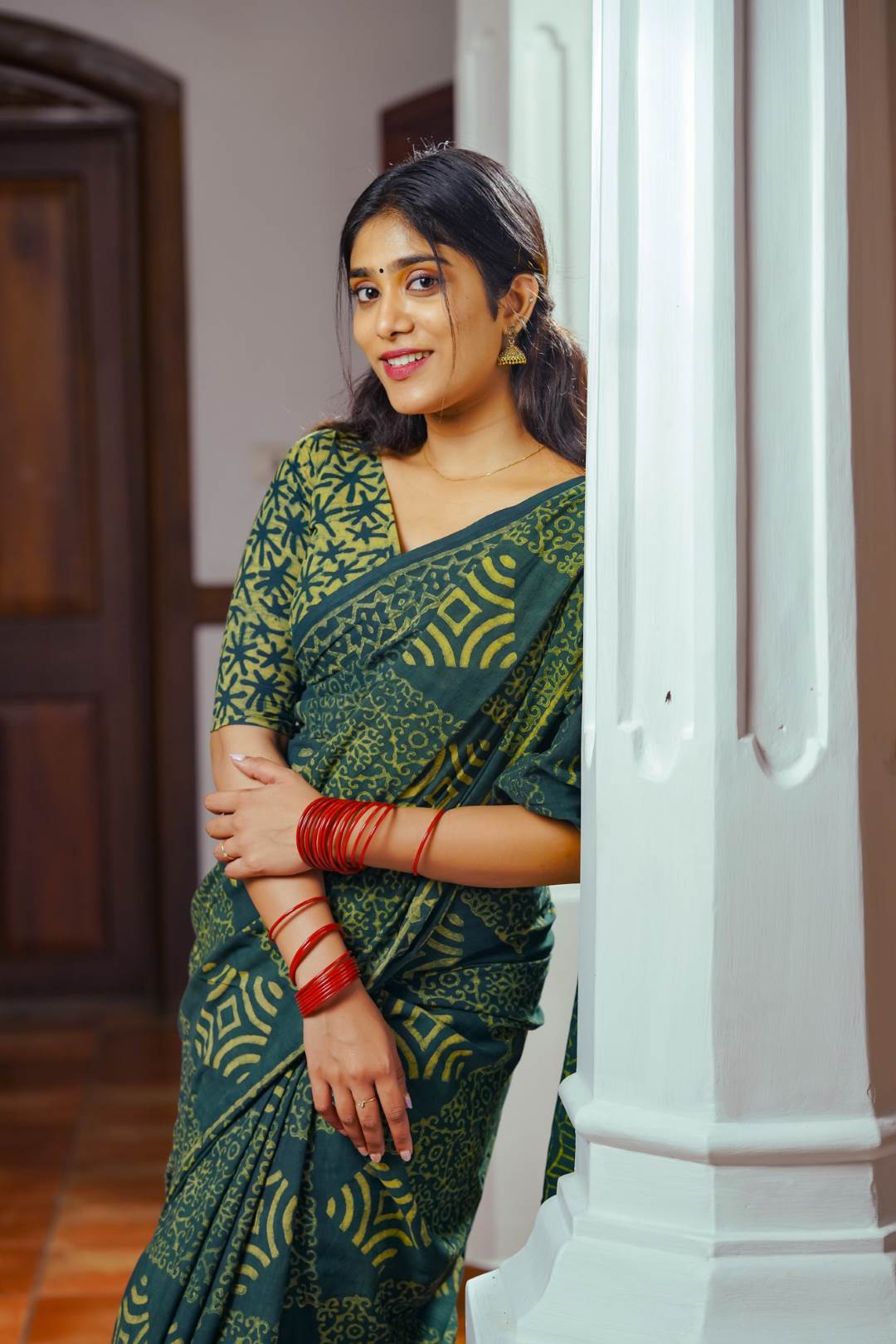 Green Base Box Print Saree