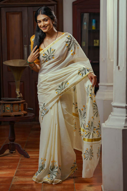 Offwhite Golden Kasavu Saree with Mukutti Floral Handblock Print