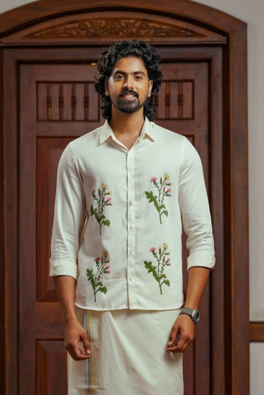 Offwhite Full Sleeve Shirt with Muyal Cheviyan Flower Handblock Print