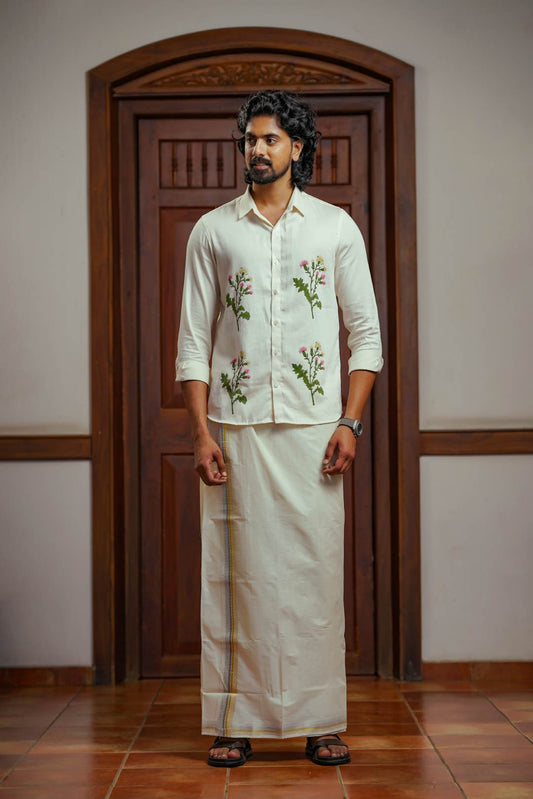 Offwhite Full Sleeve Shirt with Muyal Cheviyan Flower Handblock Print