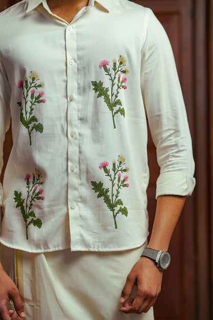 Offwhite Full Sleeve Shirt with Muyal Cheviyan Flower Handblock Print