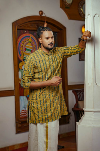 Yellow Full Sleeve Long Kurtha Epidermis Print Chinese Colar