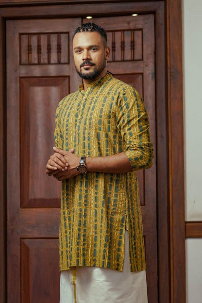 Yellow Full Sleeve Long Kurtha Epidermis Print Chinese Colar