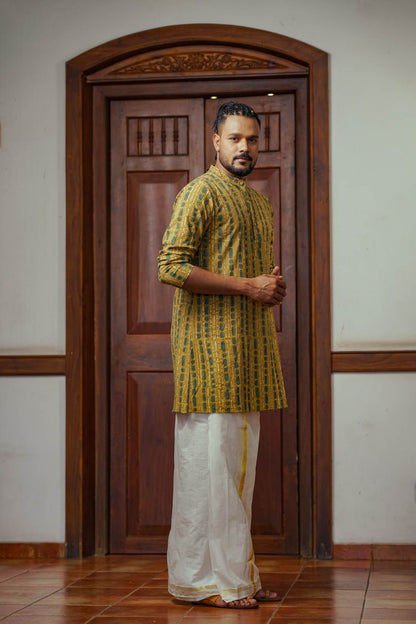 Yellow Full Sleeve Long Kurtha Epidermis Print Chinese Colar