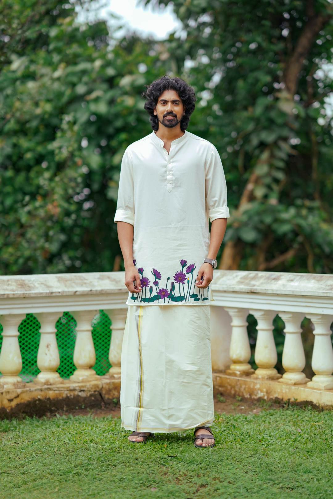 Offwhite Long Kurtha with Neelathamara Handblock Print