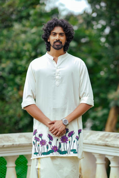 Offwhite Long Kurtha with Neelathamara Handblock Print