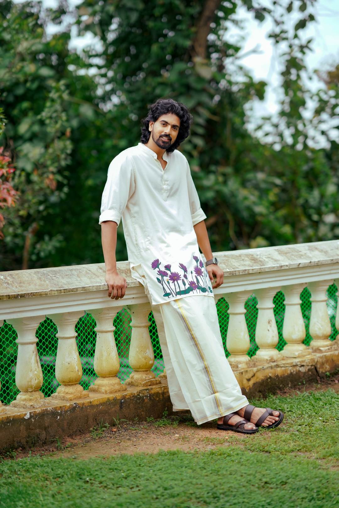 Offwhite Long Kurtha with Neelathamara Handblock Print