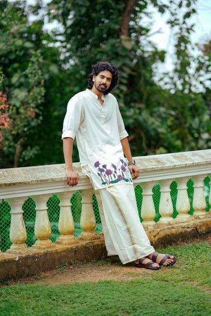 Offwhite Long Kurtha with Neelathamara Handblock Print