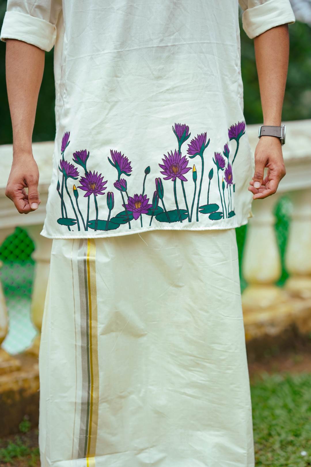 Offwhite Long Kurtha with Neelathamara Handblock Print