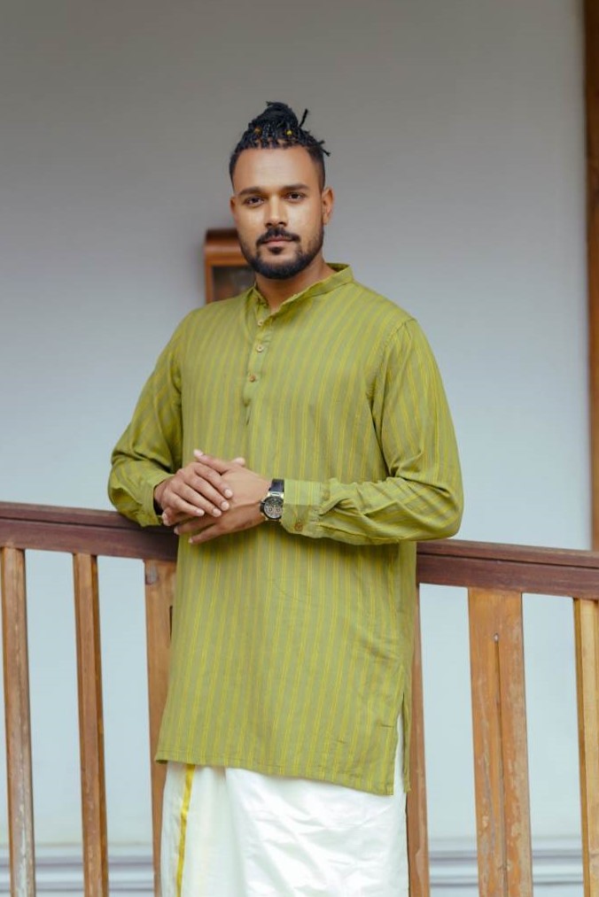 Olive Green Striped Long Kurtha