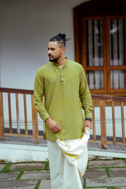 Olive Green Striped Long Kurtha