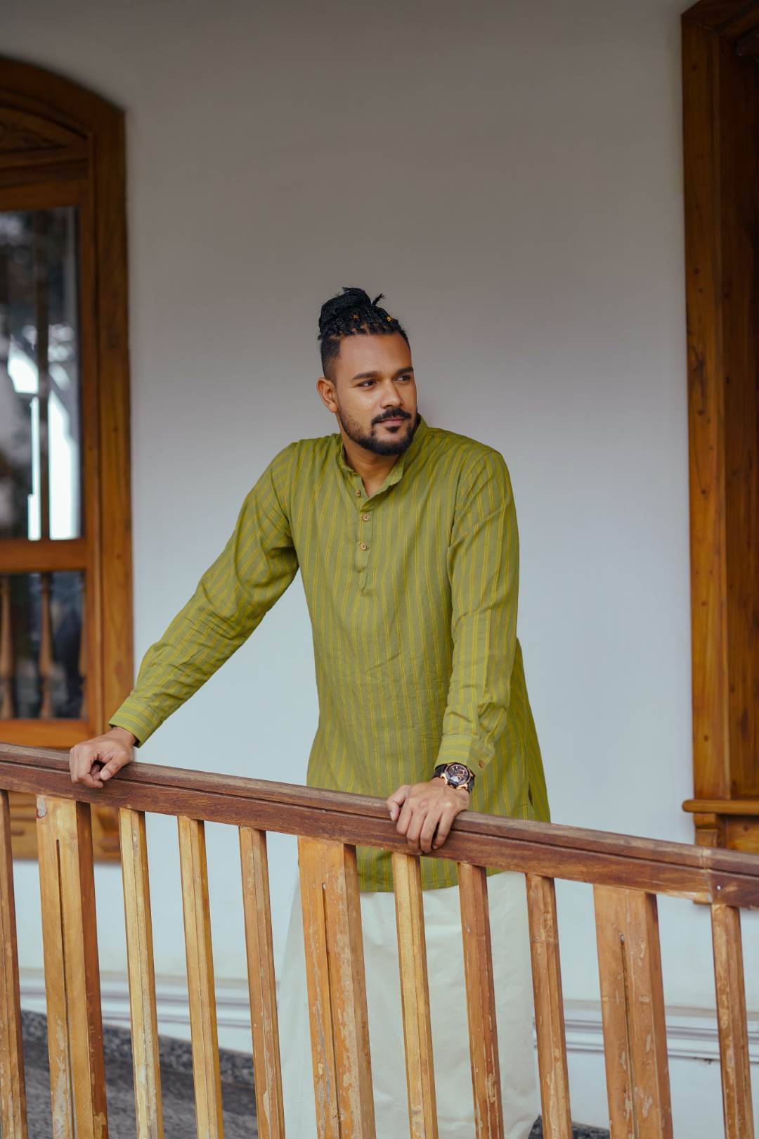 Olive Green Striped Long Kurtha