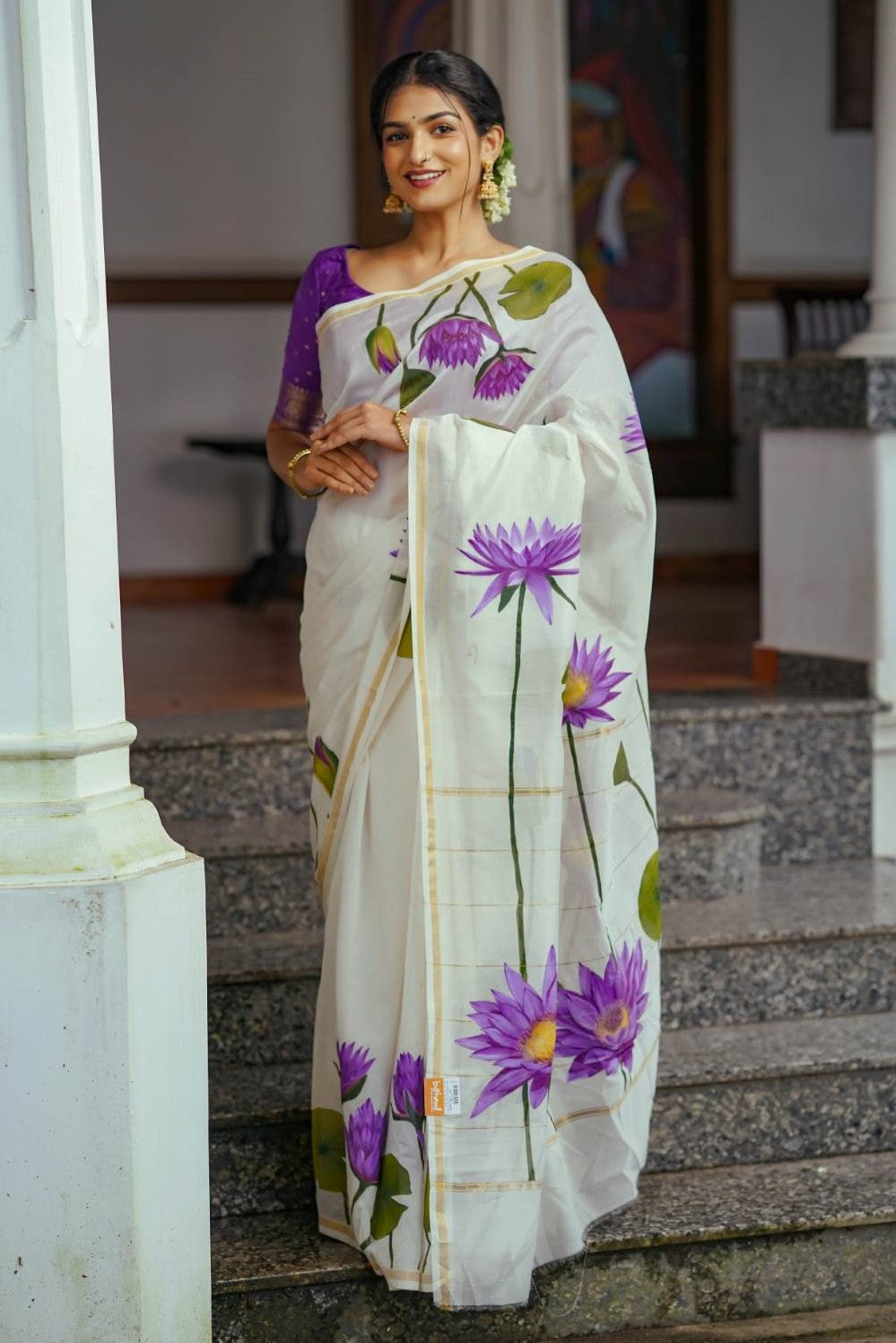 Offwhite Chanderi Saree Thin & Thick Stripe Blue Lotus Hand Paint
