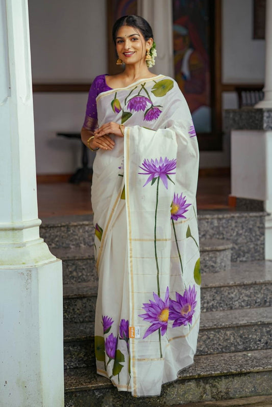 Offwhite Chanderi Saree Thin & Thick Stripe Blue Lotus Hand Paint