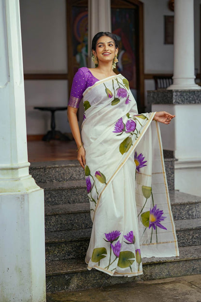 Offwhite Chanderi Saree Thin & Thick Stripe Blue Lotus Hand Paint
