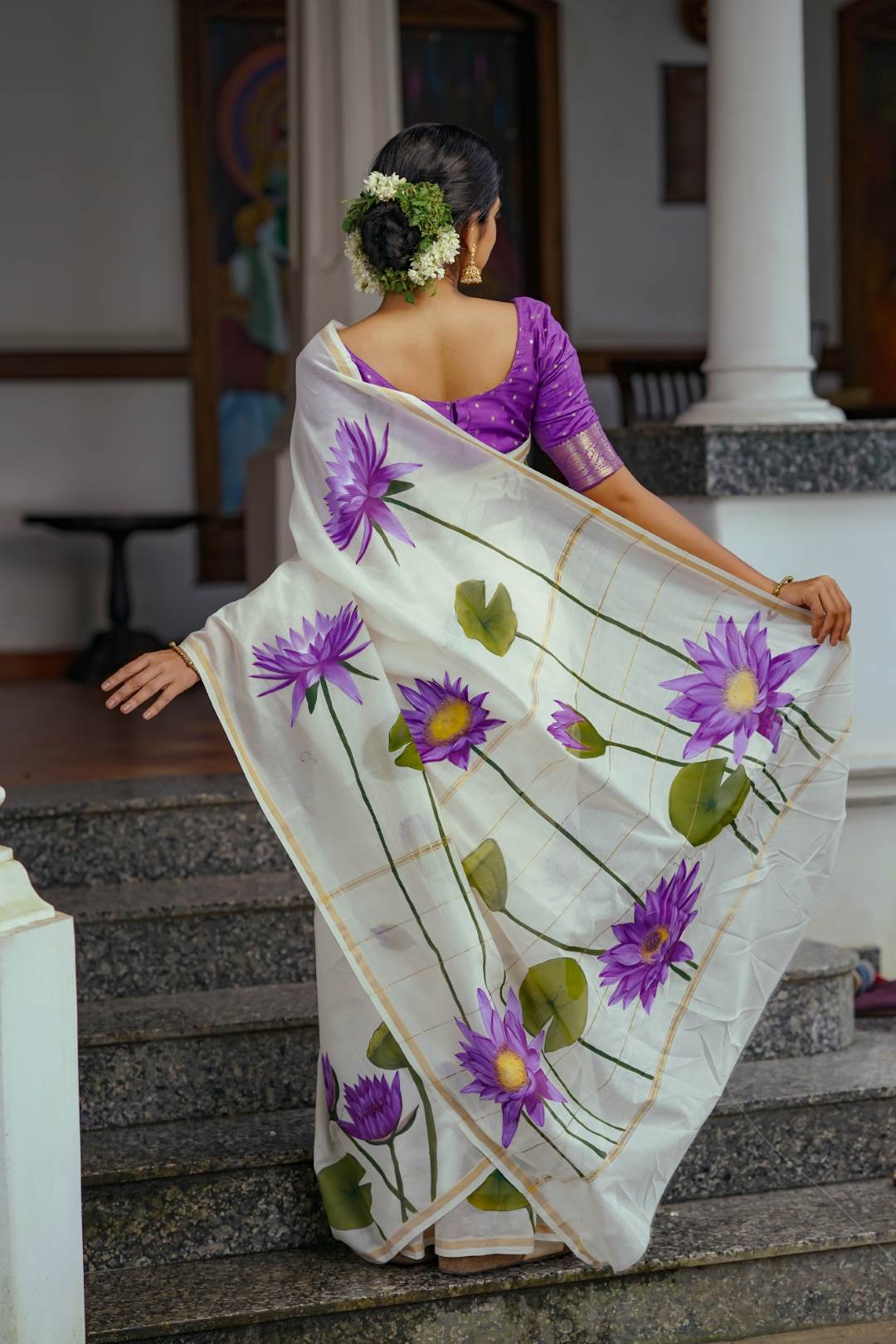 Offwhite Chanderi Saree Thin & Thick Stripe Blue Lotus Hand Paint