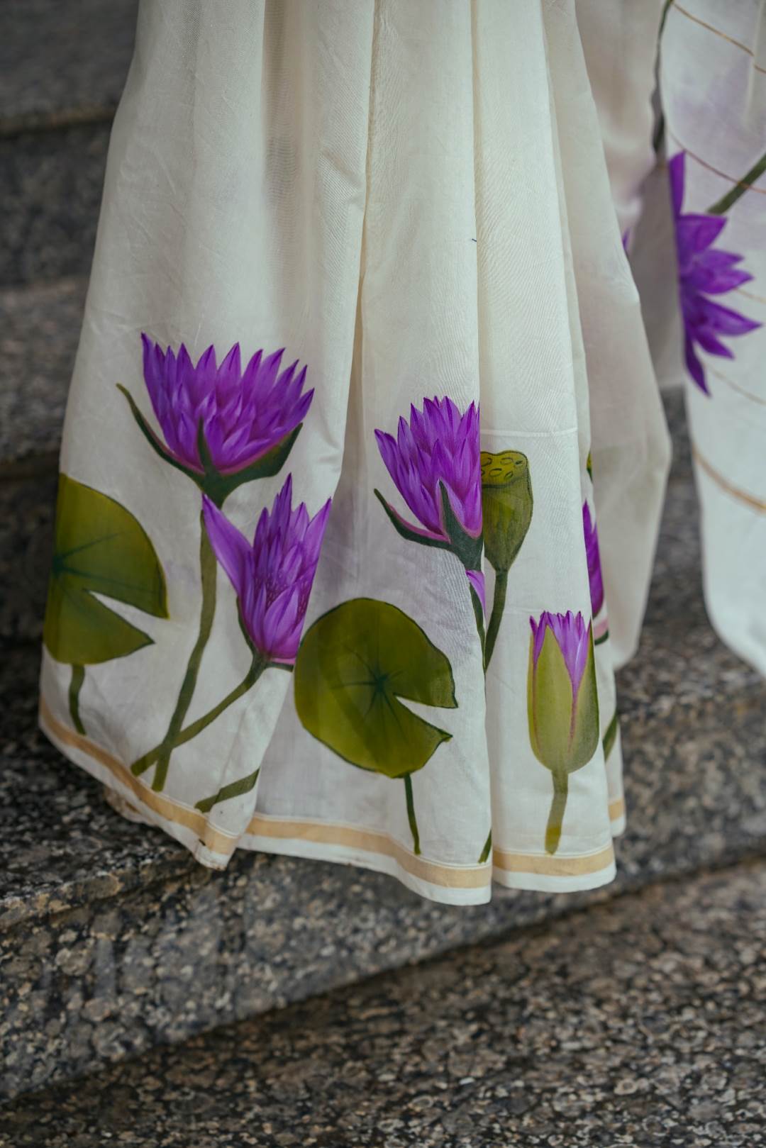 Offwhite Chanderi Saree Thin & Thick Stripe Blue Lotus Hand Paint