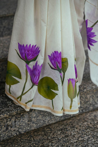 Offwhite Chanderi Saree Thin & Thick Stripe Blue Lotus Hand Paint