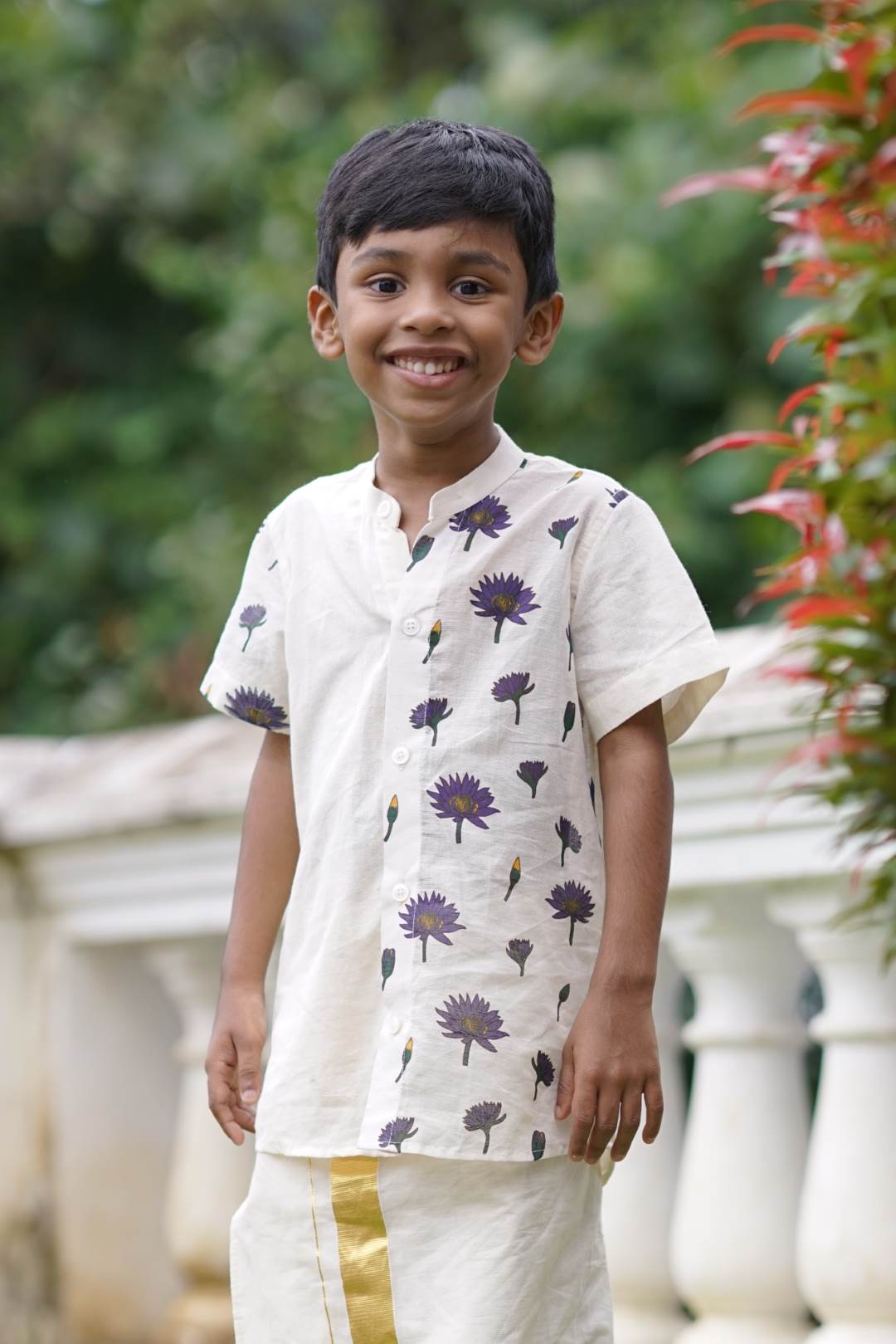 Offwhite Half Sleeve Shirt with water Lilly Handblock Print