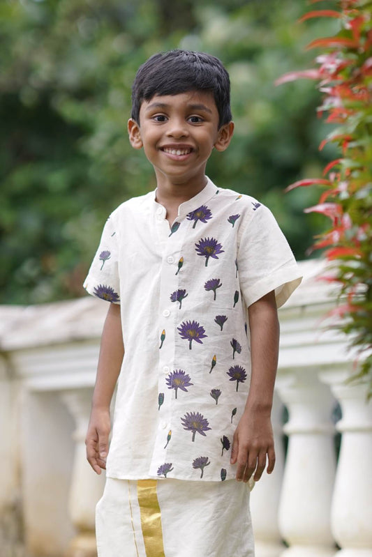 Offwhite Half Sleeve Shirt with water Lilly Handblock Print