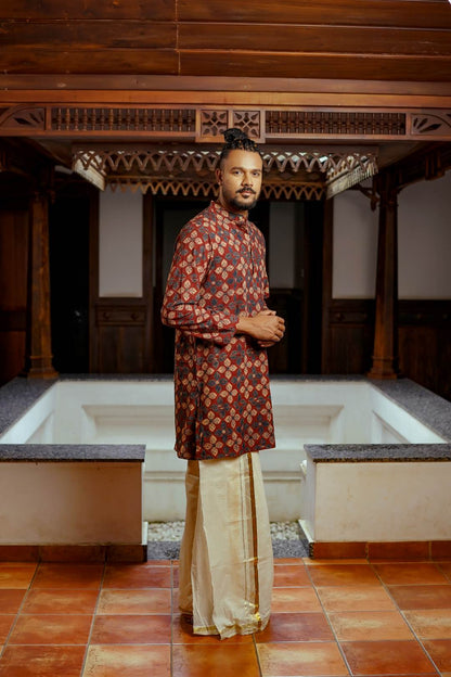 Red Full sleeve Long Kurtha Four Petal Print Chinese Colar