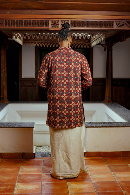 Red Full sleeve Long Kurtha Four Petal Print Chinese Colar