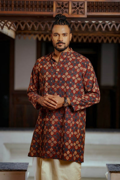 Red Full sleeve Long Kurtha Four Petal Print Chinese Colar