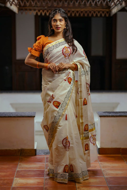 Offwhite Saree with Kathakali & womens Face Print