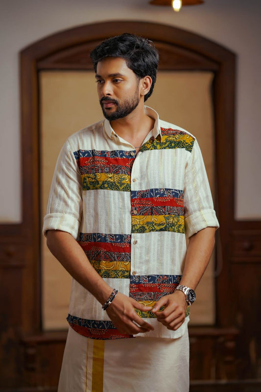 Offwhite Ajrakh Print Patch Shirt
