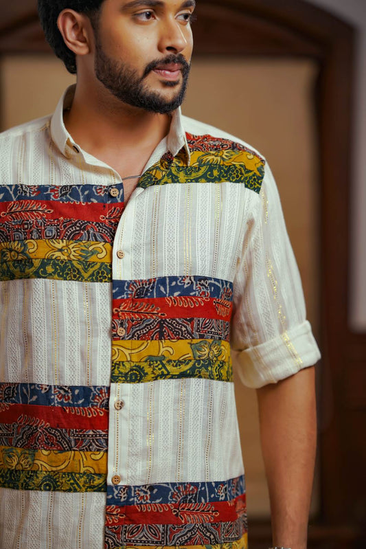 Offwhite Ajrakh Print Patch Shirt