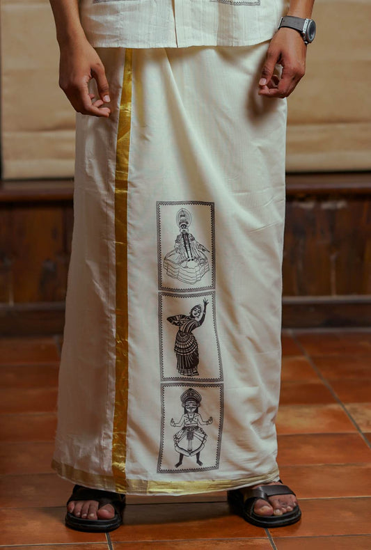 Offwhite Art Form Dhothi with 1 Inch Gloden Border