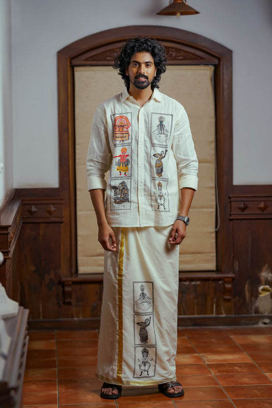 Offwhite Art Form Dhothi with 1 Inch Gloden Border