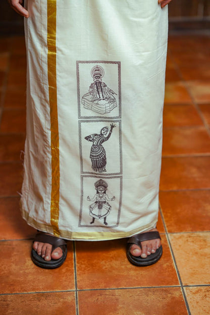 Offwhite Art Form Dhothi with 1 Inch Gloden Border
