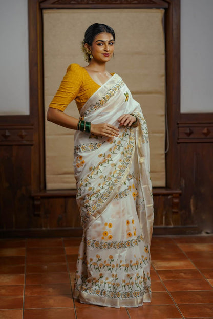 Offwhite Maheswari Slik Saree Golden Border & Yellow Floral Bolck Print