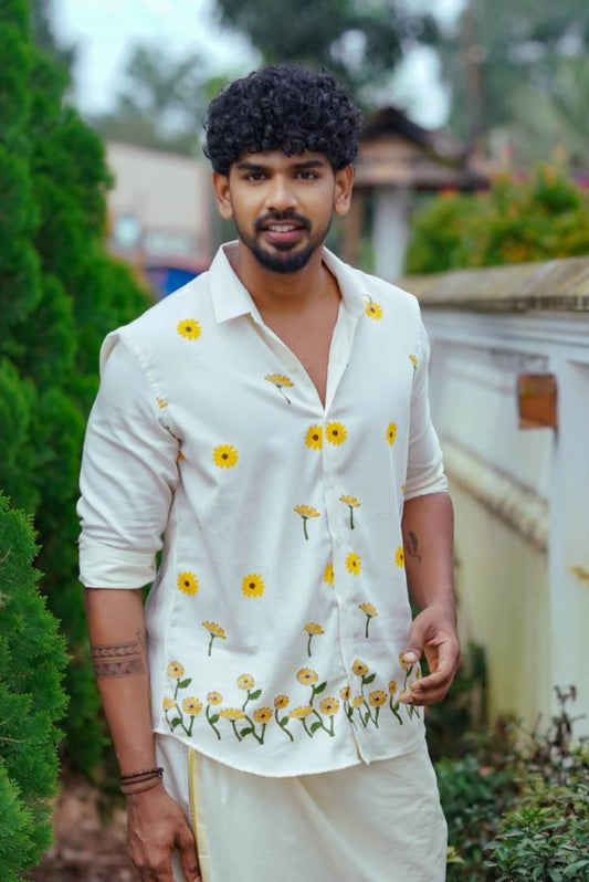 Offwhite Yellow Flower Handblock Print Shirt
