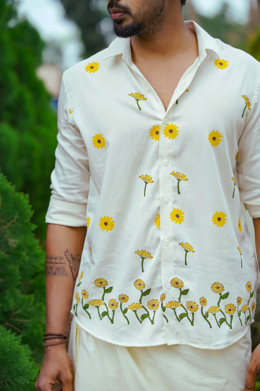 Offwhite Yellow Flower Handblock Print Shirt