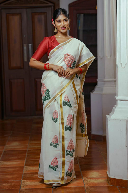 Offwhite Set Mundu Krishnakireedam Print with 1 Inch Gloden Border