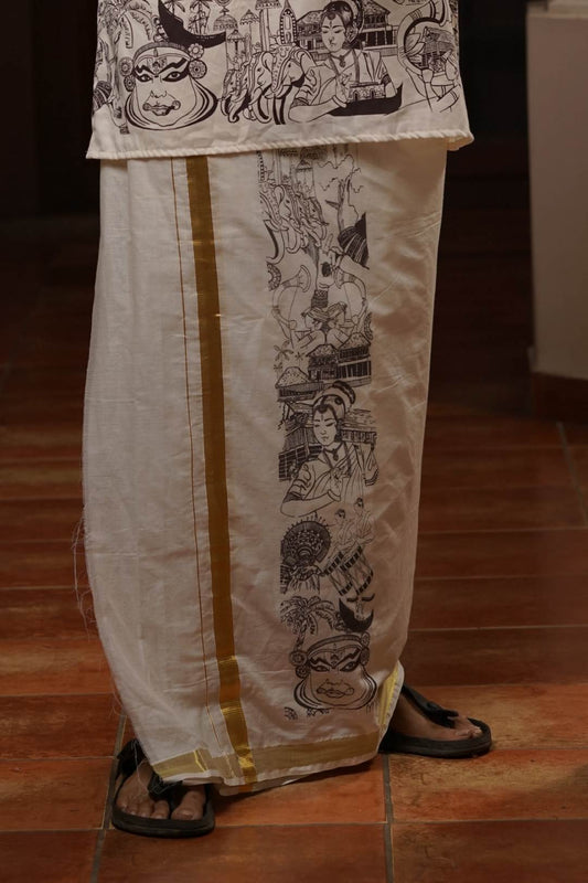 Offwhite Dhothi Kerala Theme Print & 1 Inch Golden Border