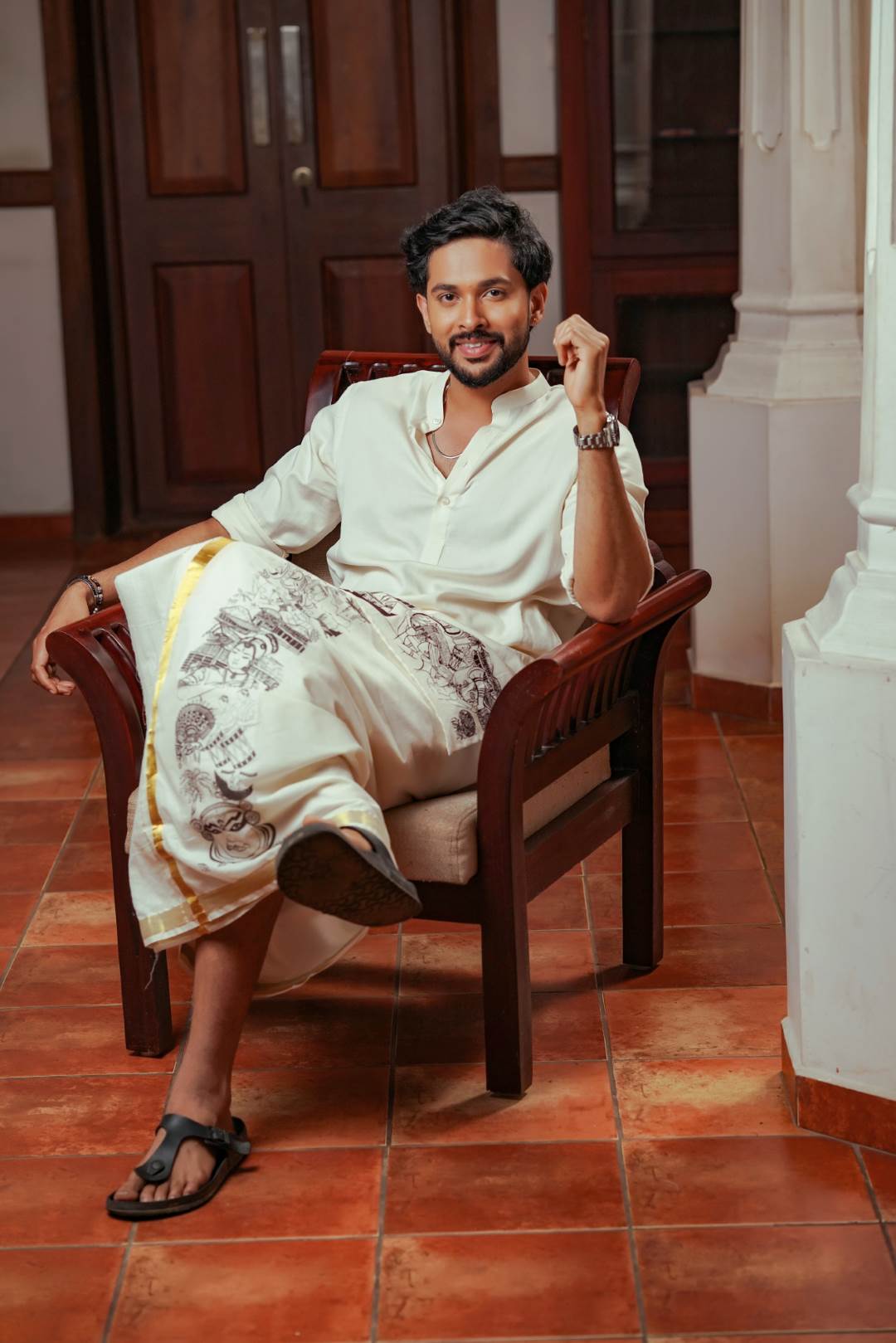 Offwhite Kerala Theme Long Kurtha