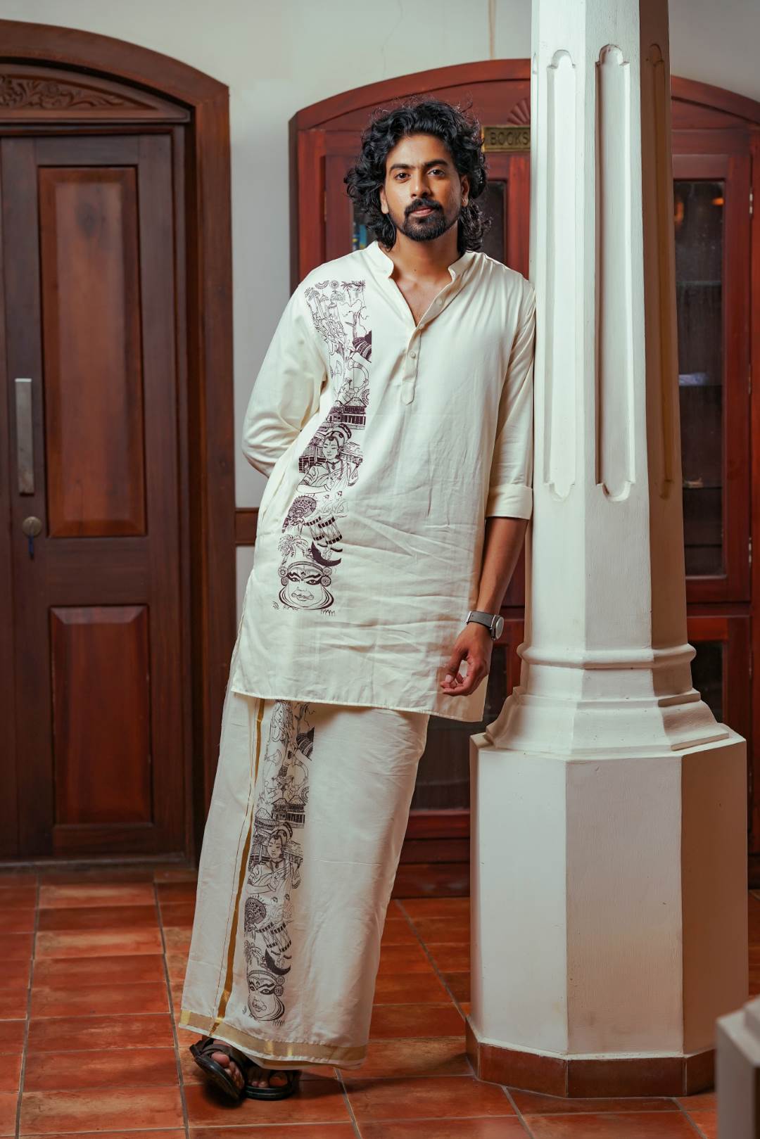 Offwhite Long Kurtha with Kerala Theme Print