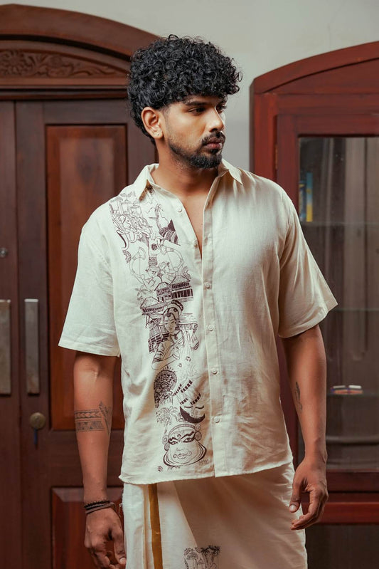 Offwhite Half Sleeve Shirt with Kerala Theme Print