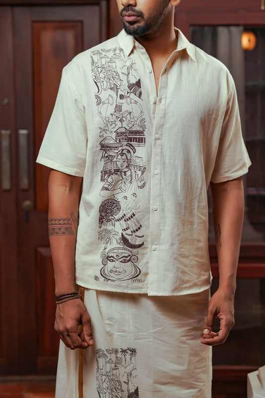 Offwhite Half Sleeve Shirt with Kerala Theme Print