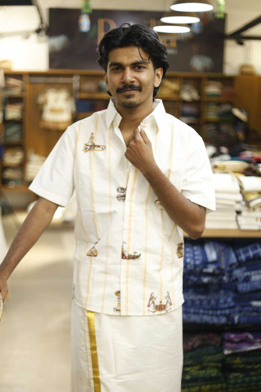 Offwhite Shirt with Stripes & Onam Prints