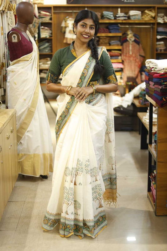 Offwhite Saree with Mango Tree Print