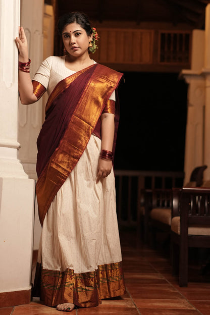 Offwhite Dhavani Set with Narayanpet border and Dupatta