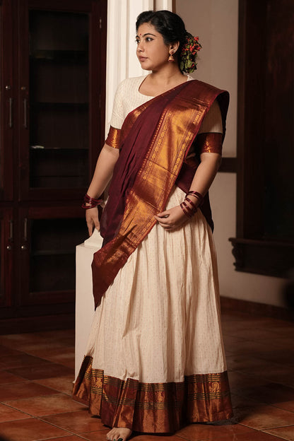 Offwhite Dhavani Set with Narayanpet border and Dupatta