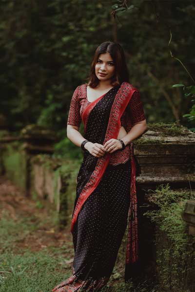 Black & Red Ajrakh Printed Modal silk saree