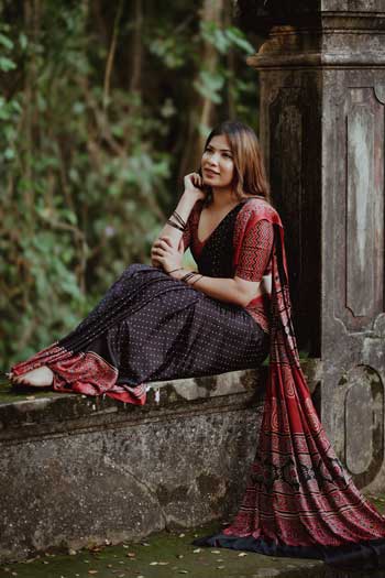 Black & Red Ajrakh Printed Modal silk saree