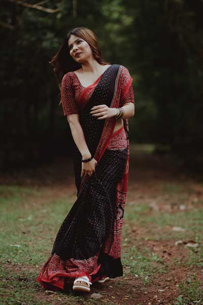 Black & Red Ajrakh Printed Modal silk saree