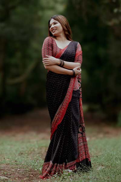 Black & Red Ajrakh Printed Modal silk saree